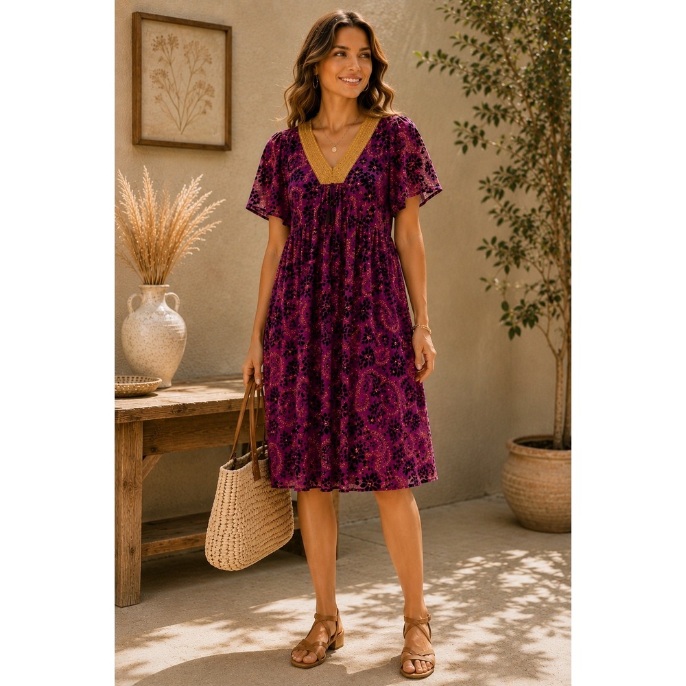 NEW Piper & Scoot Albie Purple Burnout Velvet Paisley‎ Midi Dress L PSD4193-PS